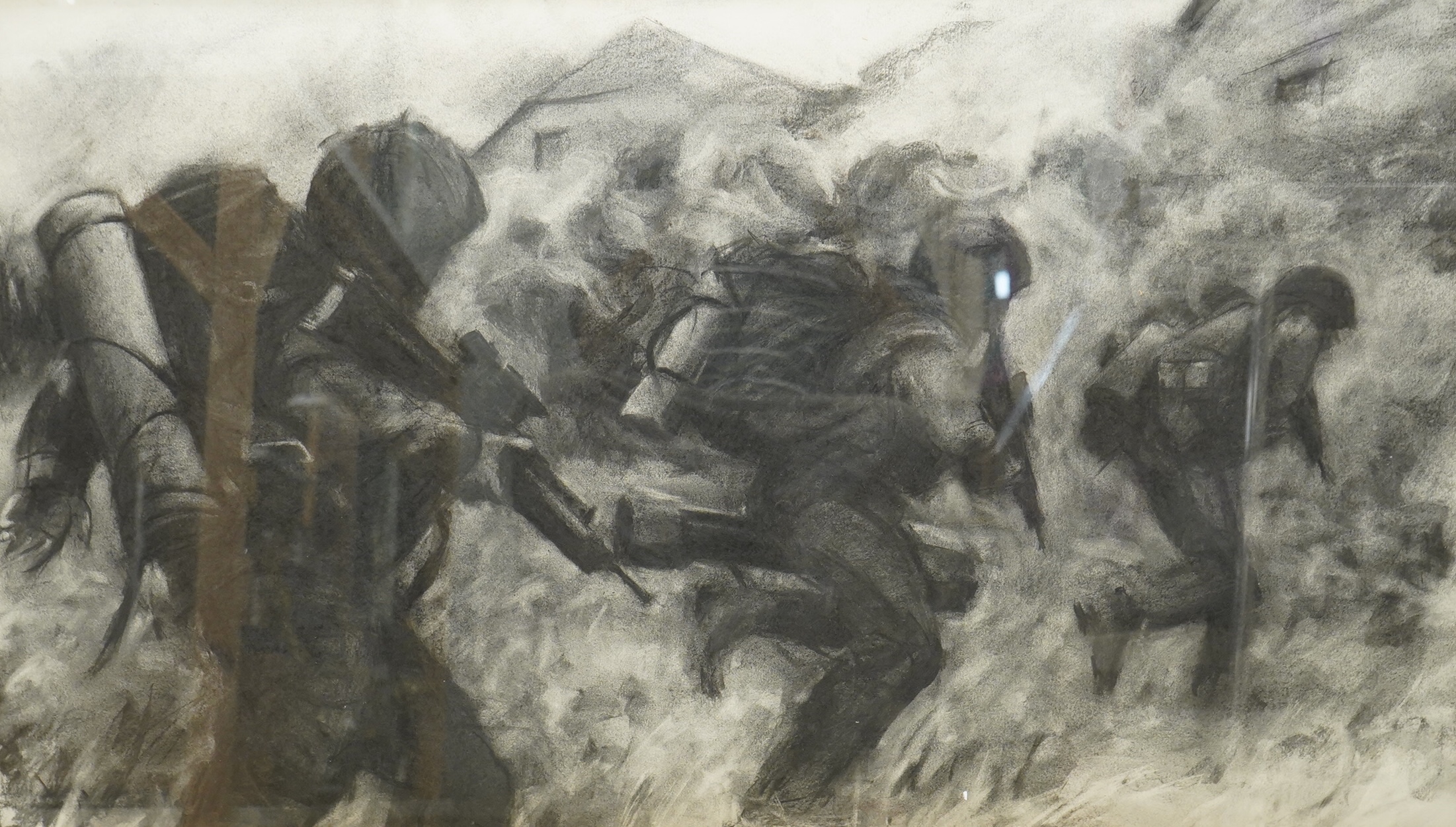 Keith Holmes (b.1944), Battle scene, charcoal, details verso, 55 x 96cm